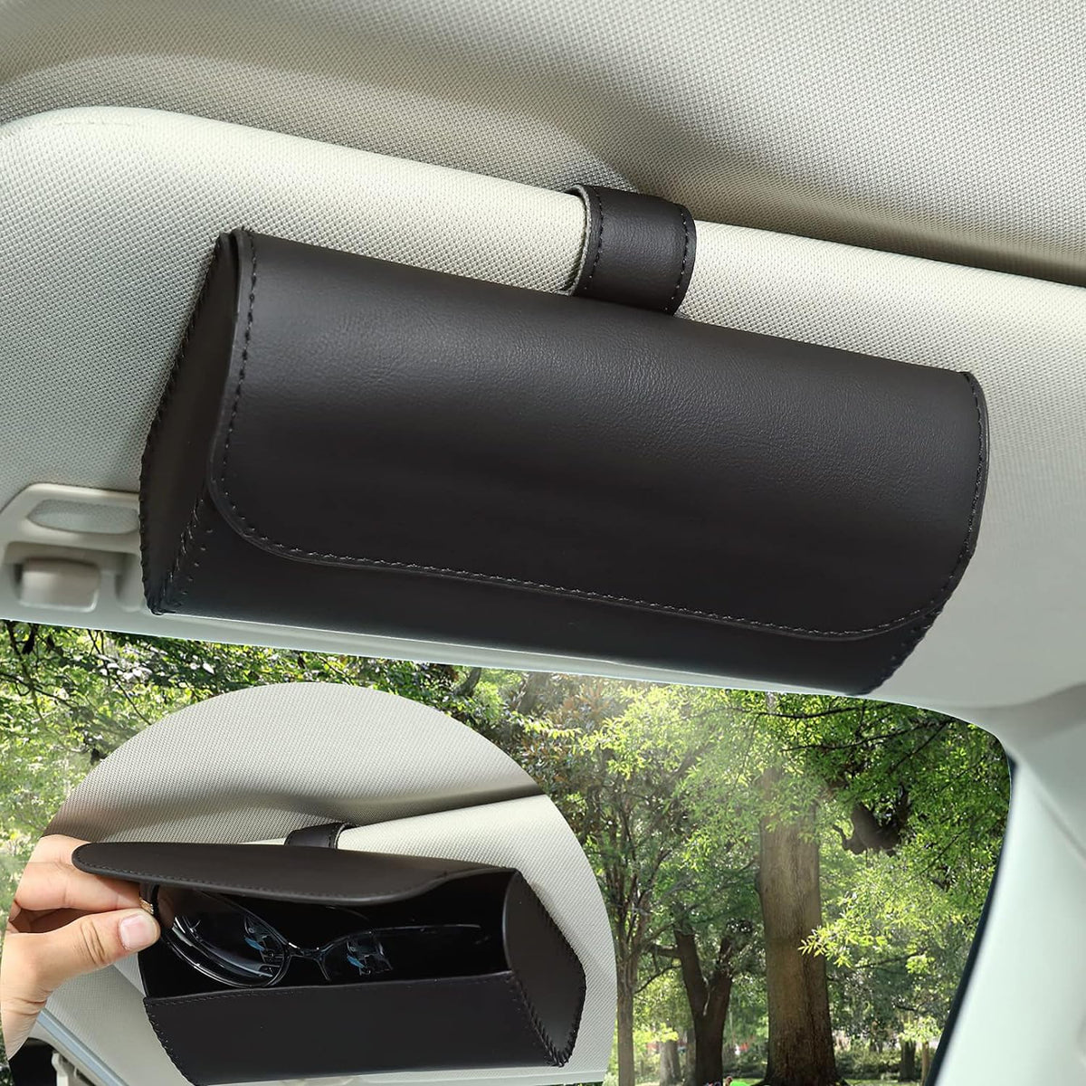 HASTHIP® Organizador de Gafas de Sol para Coche,Caja Almacenamiento Visera con Clip Magnético,Porta Gafas PU Cuero para Visera Solar Soporte con Cierre Imantado Antideslizante