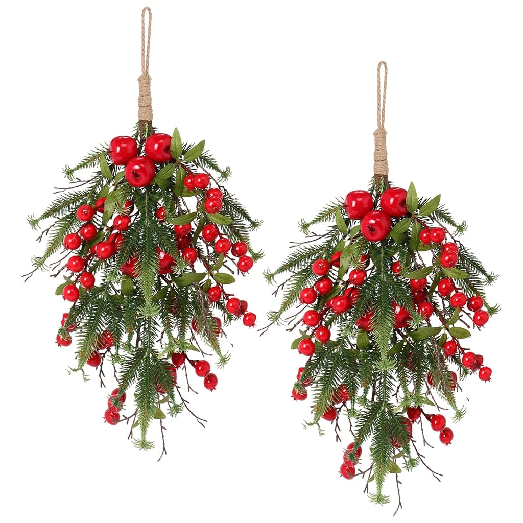 HASTHIP® Christmas Teardrop Swags Decorations, 14.9In Artificial Christmas Swag with Red Bowknot & Baubles, Red Berries Hanging Decoration for Winter Home Holiday Wall Party Xmas Decor
