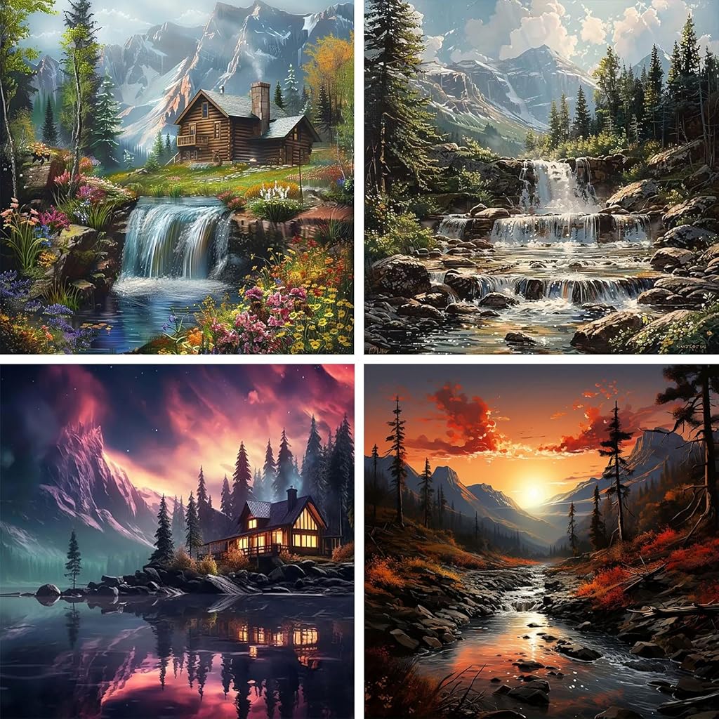HASTHIP® 4pcs DIY Diamond Art Painting Kit 5D Diamond Art Painting Kit Hyper-Realistic Scenery Diamond Painting Wall Decor Beginners Diamond Art Painting Supplies DIY Home Gift, 11.8 x 11.8 Inch