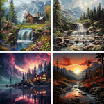 HASTHIP® 4pcs DIY Diamond Art Painting Kit 5D Diamond Art Painting Kit Hyper-Realistic Scenery Diamond Painting Wall Decor Beginners Diamond Art Painting Supplies DIY Home Gift, 11.8 x 11.8 Inch