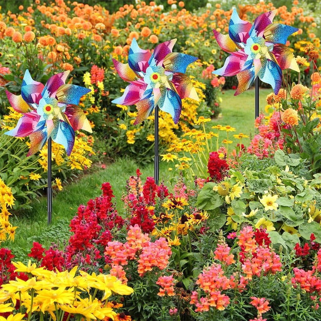 5Pcs Bird Repellent for Balcony, Colorful Reflective Pinwheels Pigeon Scarer, Ornamental 8-blade Windmill Anti Bird Device for Roof Edge, Fence, Garden Yard Lawn