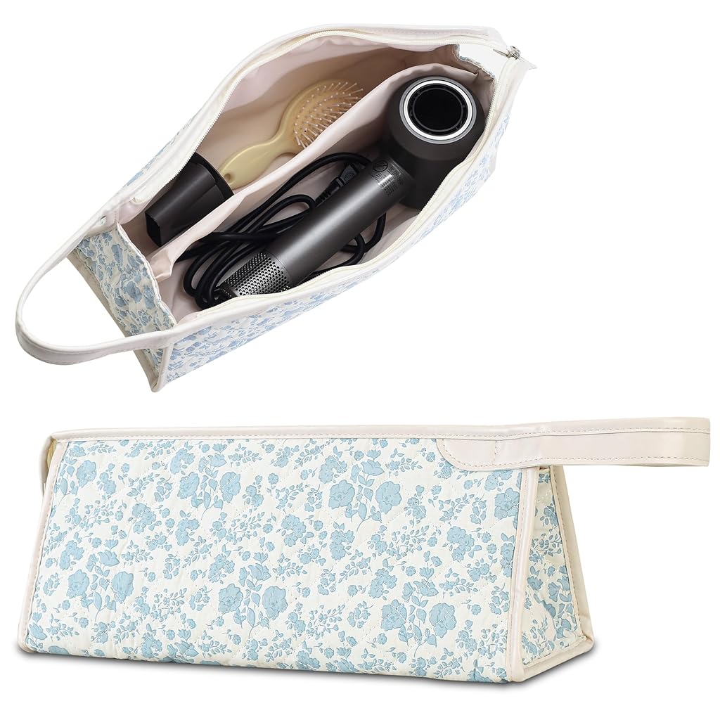 HASTHIP® Bolsa de Viaje Acolchada Grande para Herramientas de Peinado,Organizador Portátil Algodón Floral para Secador Pelo y Accesorios,Funda con Asa Azul Resistente y Ligera