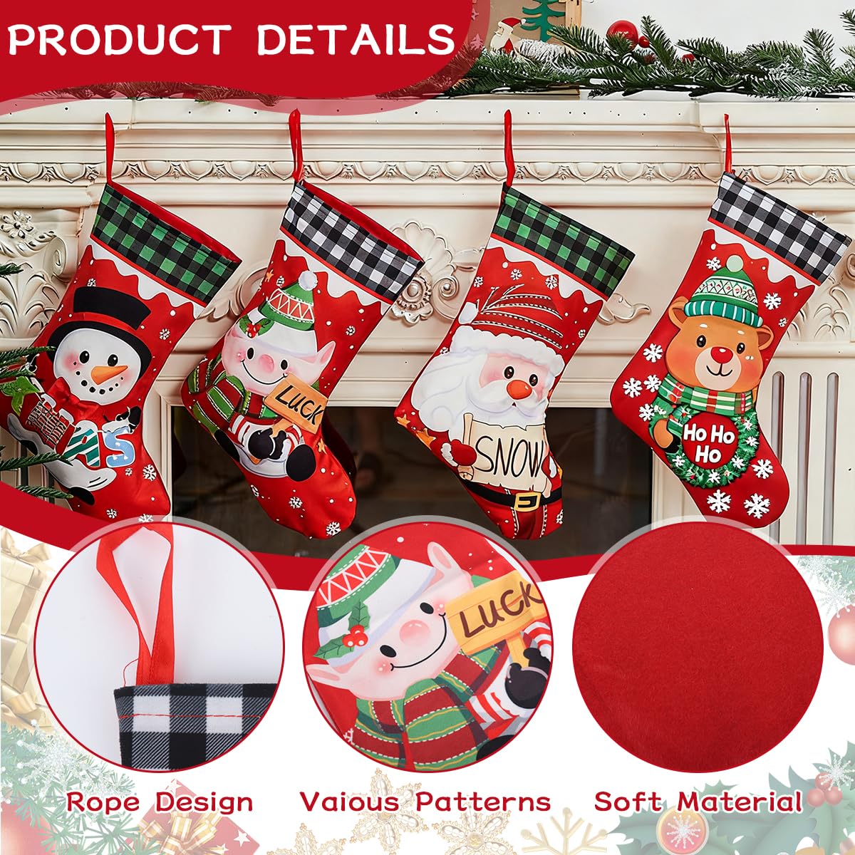 HASTHIP Christmas Stockings Set for Tree and Home Decor with 4 Designs | Santa Reindeer Snowman Style