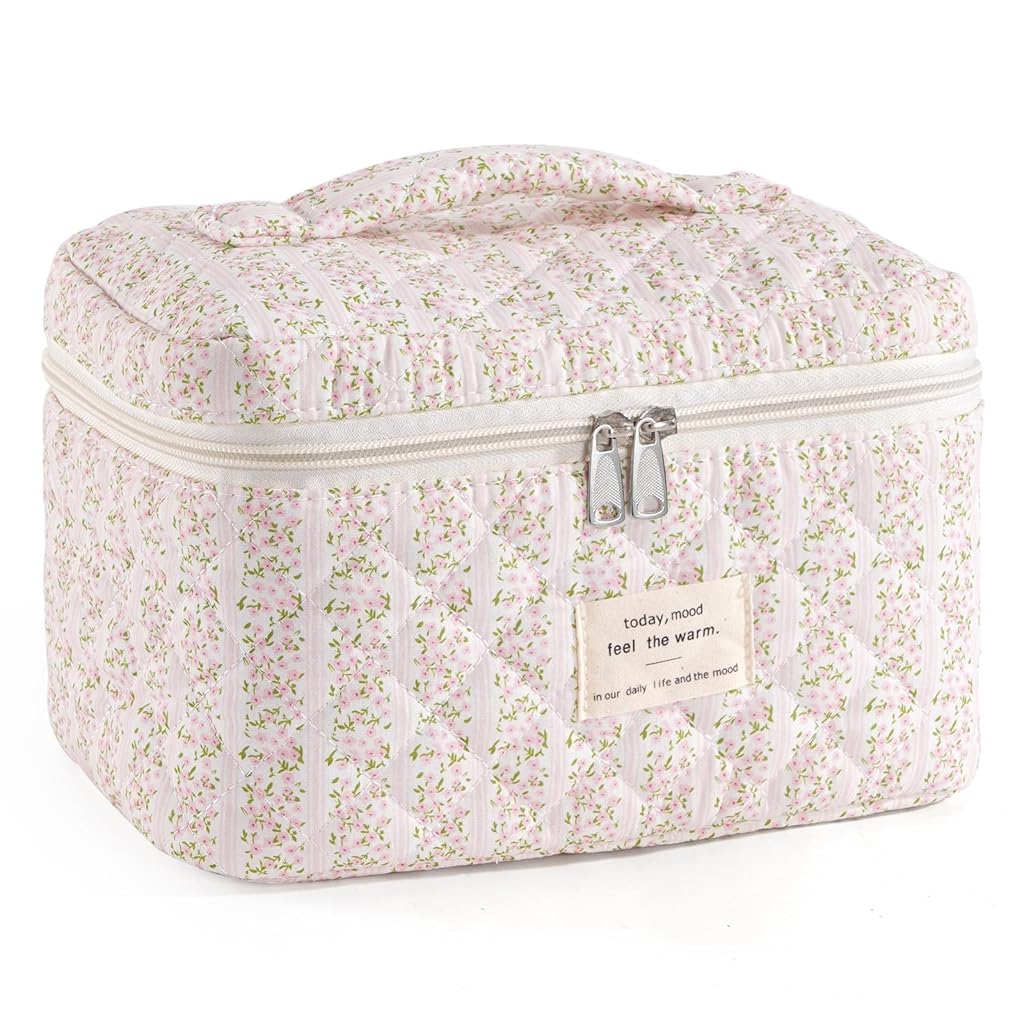 HASTHIP® Makeup Bag for Women Quilted Cotton Make Up Bag Travel Large Cosmetic Organizer Floral Toiletry Pouch for Purse-Pink