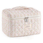 HASTHIP® Makeup Bag for Women Quilted Cotton Make Up Bag Travel Large Cosmetic Organizer Floral Toiletry Pouch for Purse-Pink