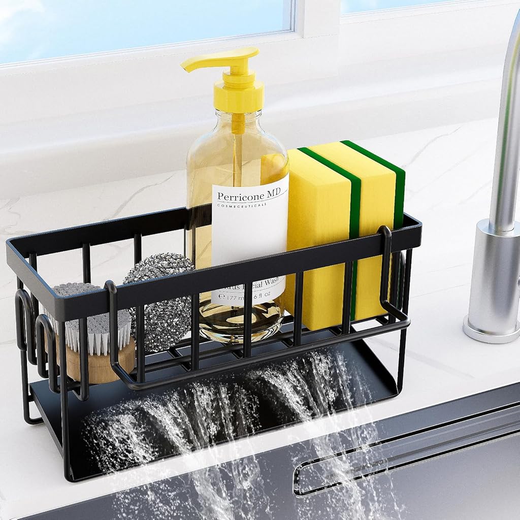 HASTHIP® Sponge Holder for Kitchen Sink, Stainless Steel Sink Caddy with Self Drain Tray, Rustproof Kitchen Sink Organizer Brush Caddy Sponge Rack for Kitchen Accessories, 23x10x12cm