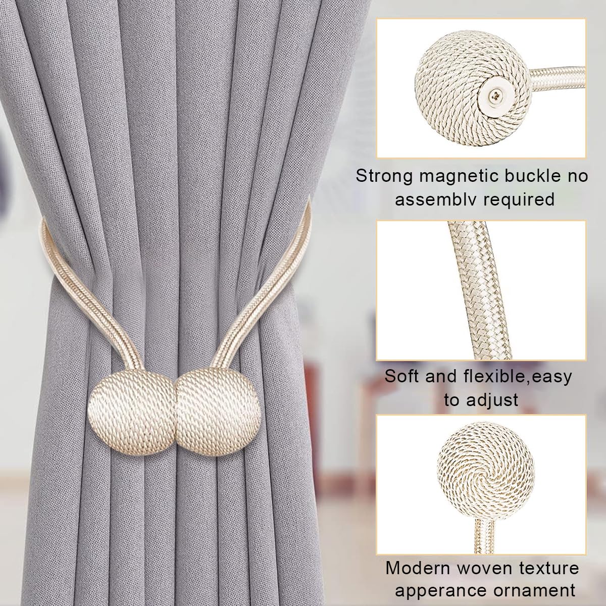 HASTHIP Magnetic Curtain Tiebacks for Home and Office featuring 40cm Rope & 3.3cm Balls | Beige