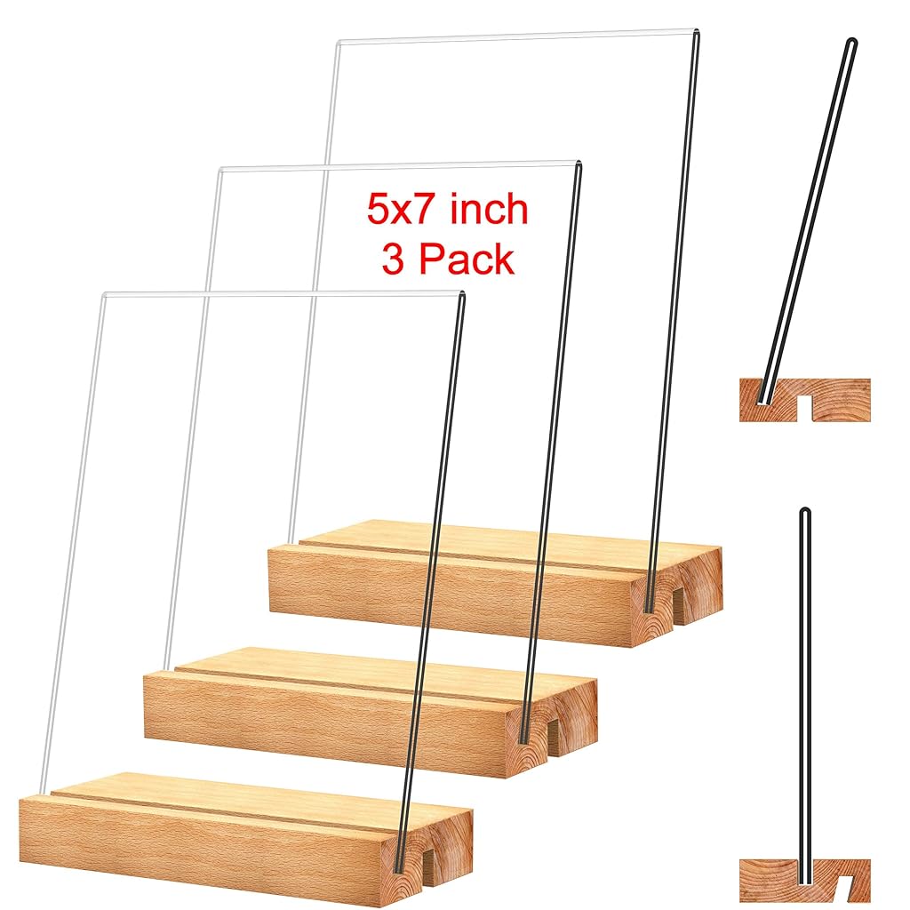 HASTHIP® A5 Acrylic Sign Holder with Wood Base Wood Sign Holder Vertical or Slant Back Display for Store Office