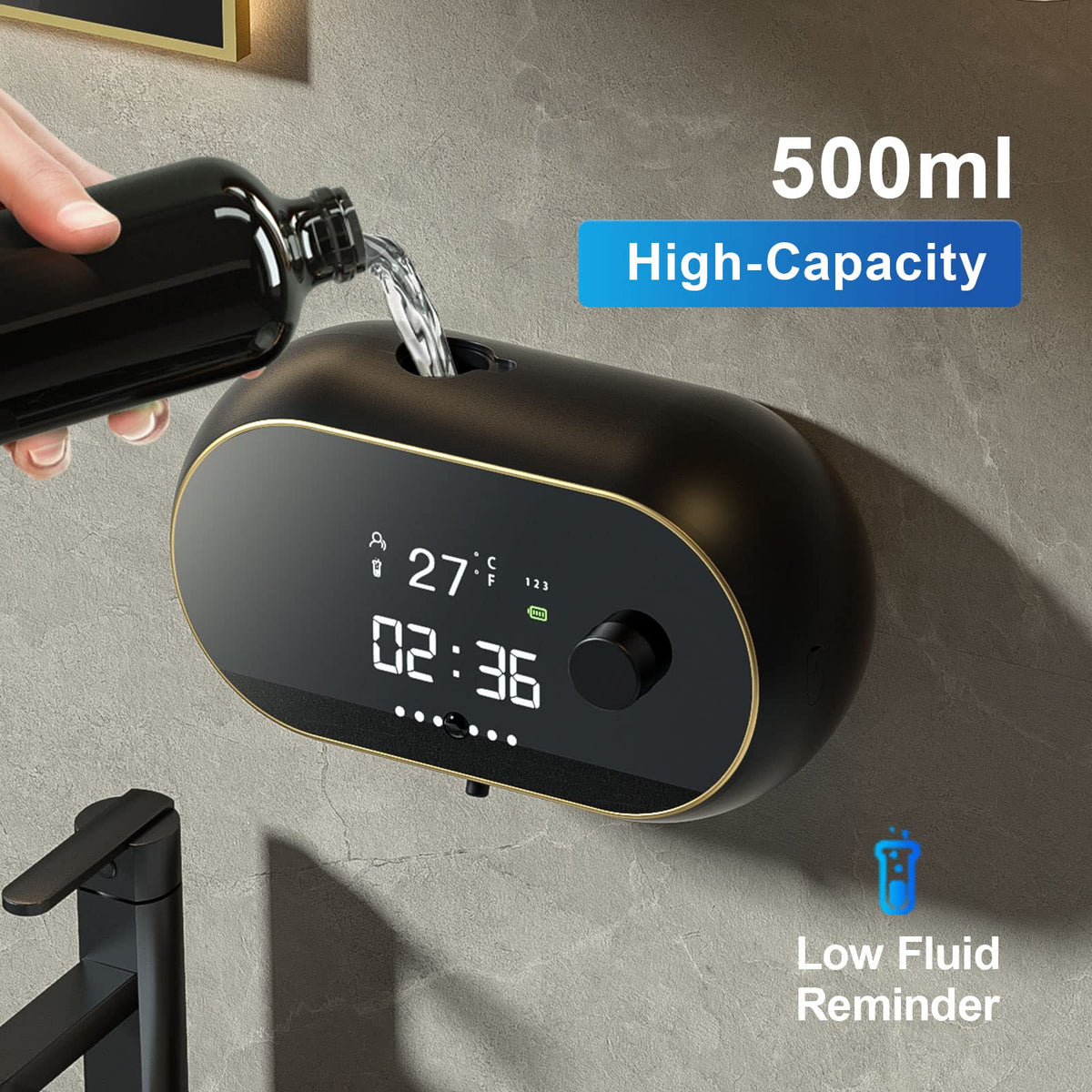 Automatic Soap Dispenser for Bathroom, Electric Foaming Handwash Dispenser, 500ml Wall Mounted Touchless Shampoo Hand Wash Dispenser with 3 Adjustable Bubble Levels with Bracket (Black)