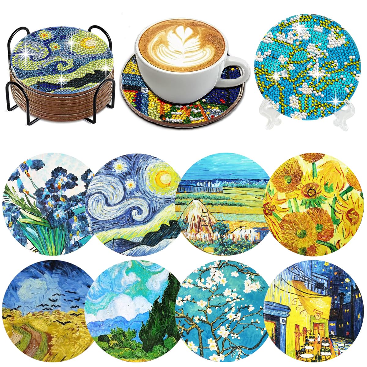 HASTHIP® 8 Pcs DIY Diamond Art Cork Coaster Kit - Diamond Painting Coasters with Holder DIY Diamonds Painting Kit for Adults Decorative Table Home Decor, with Complete Tool Kits