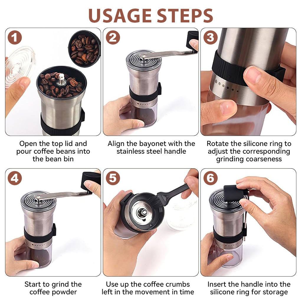 HASTHIP® Manual Coffee Bean Grinder Stainless Steel Burr Hand Coffee Grinder Hand Crank Coffee Mill Adjustable Grind Settings Portable Coffee Grinder 25g Coffee