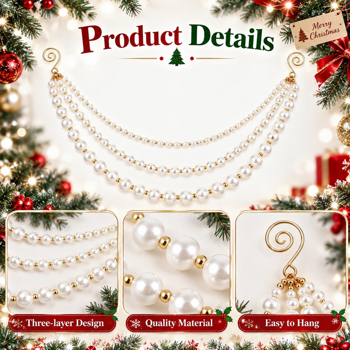 HASTHIP 2-Piece Christmas Pearl Garland, Cascading Faux Bead Chains with Pre-Installed Spiral Hooks