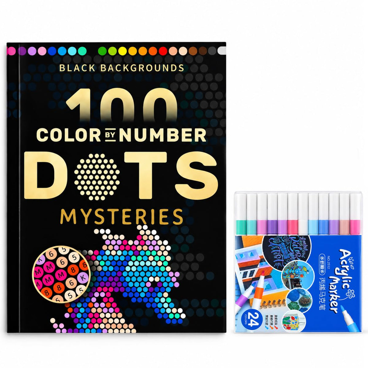 HASTHIP Mystery Color by Number Coloring Book with 100 Patterns and 24 Markers and Ink-Resistant Paper