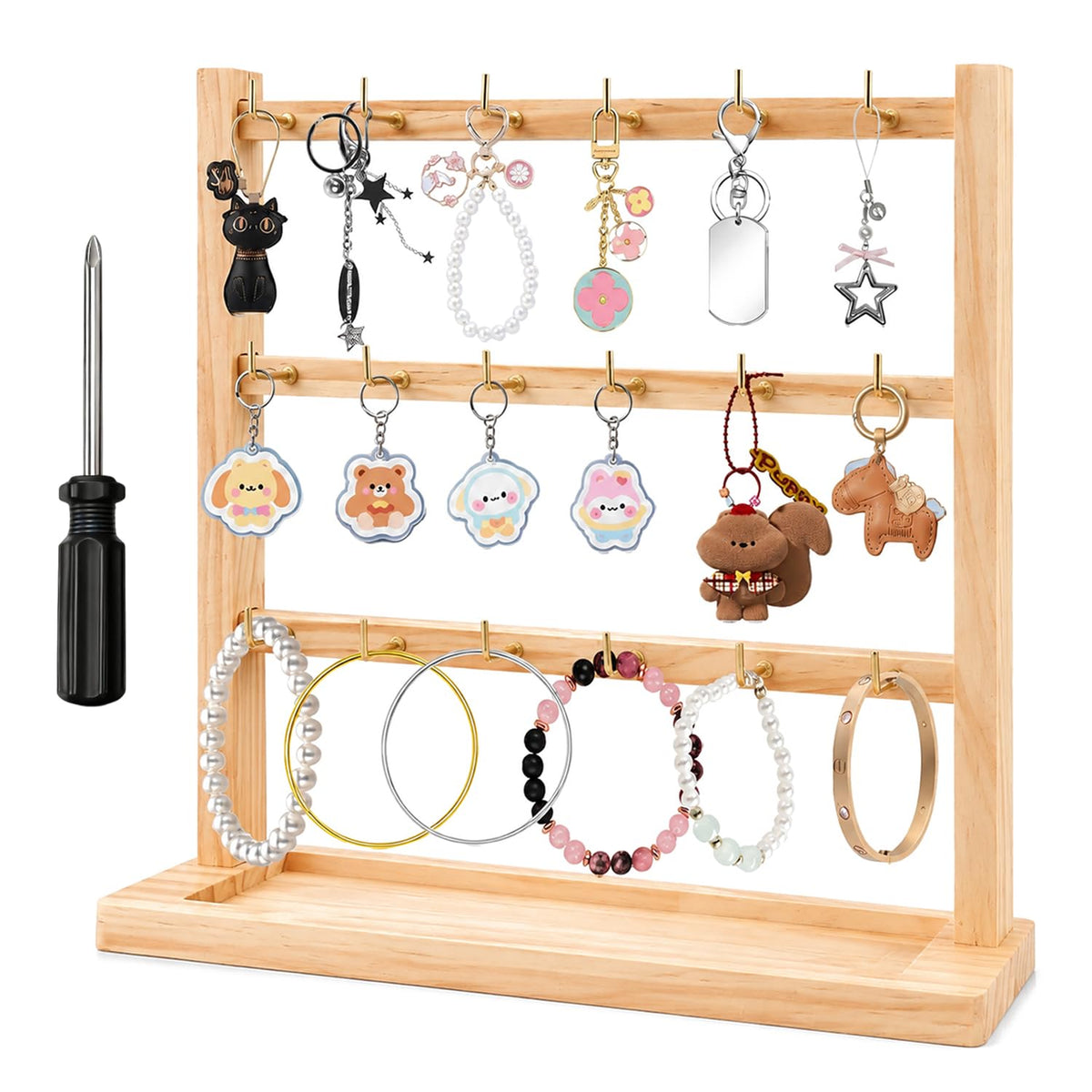 HASTHIP Wood Keychain Display Stand with 18 Hooks, 3-Tier Square Rack and Grooved Base