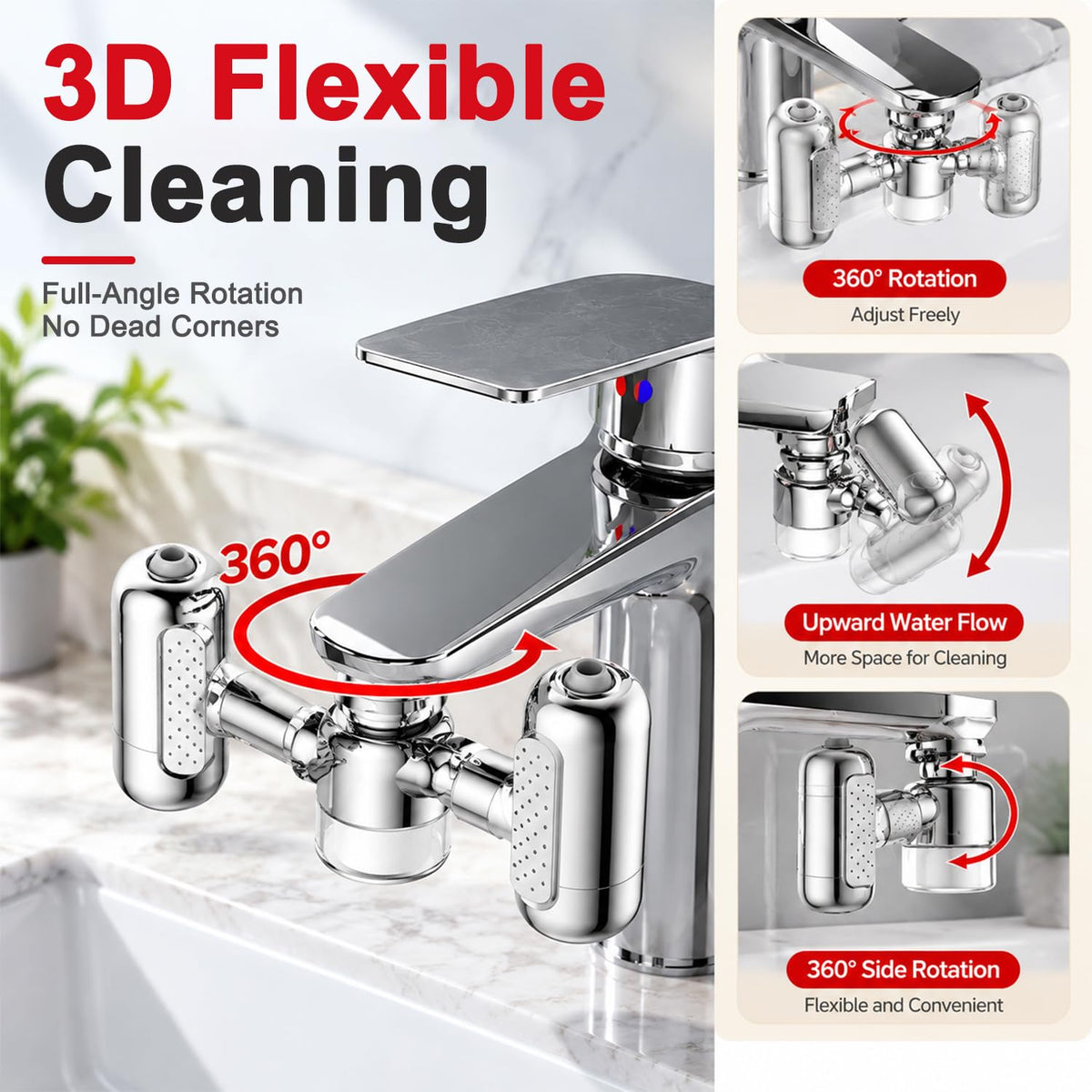 HASTHIP Four-Mode Faucet Water Filter with Chrome Silver Finish, Two Filters and 360° Rotation