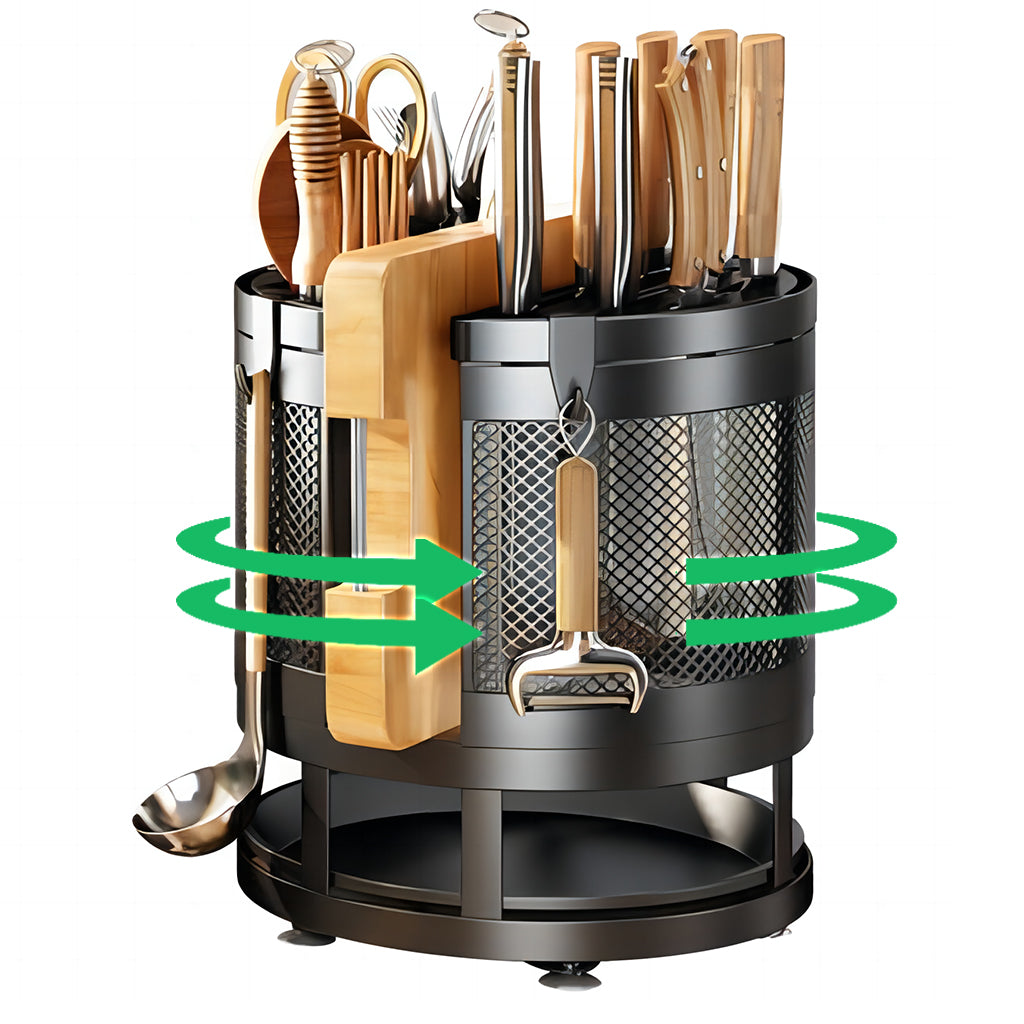 HASTHIP® Kitchen Organizer Rotatable Carbon Steel Multi Compartment Modern Kitchen Utensil Organizer Tableware Draining Rack Cutting Board Rack Cutter Holder Storage Holder with 4 Hooks, 23.5x24cm