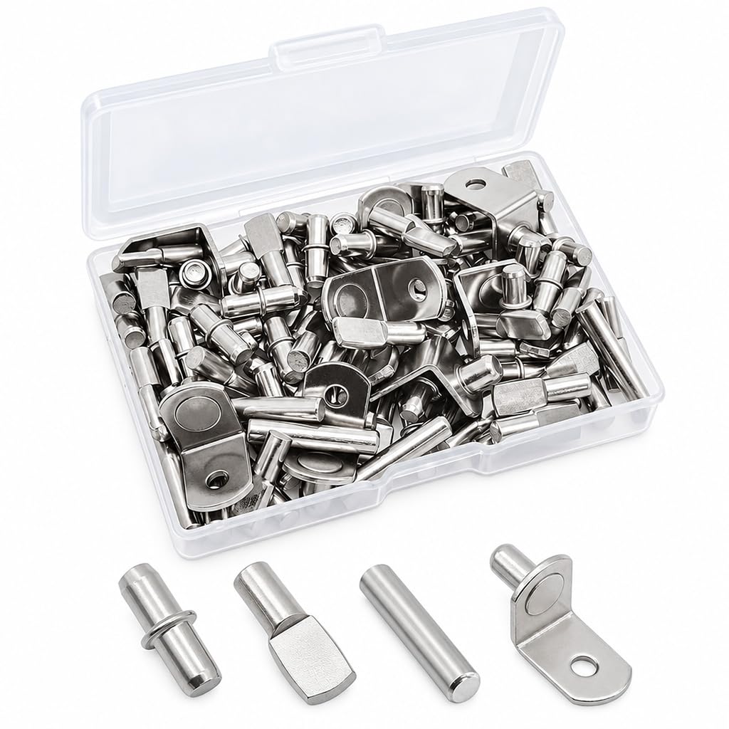 HASTHIP 104-Piece Shelf Pins Kit, 5mm and 1/4-Inch Sizes, Nickel-Plated Steel, Four Styles