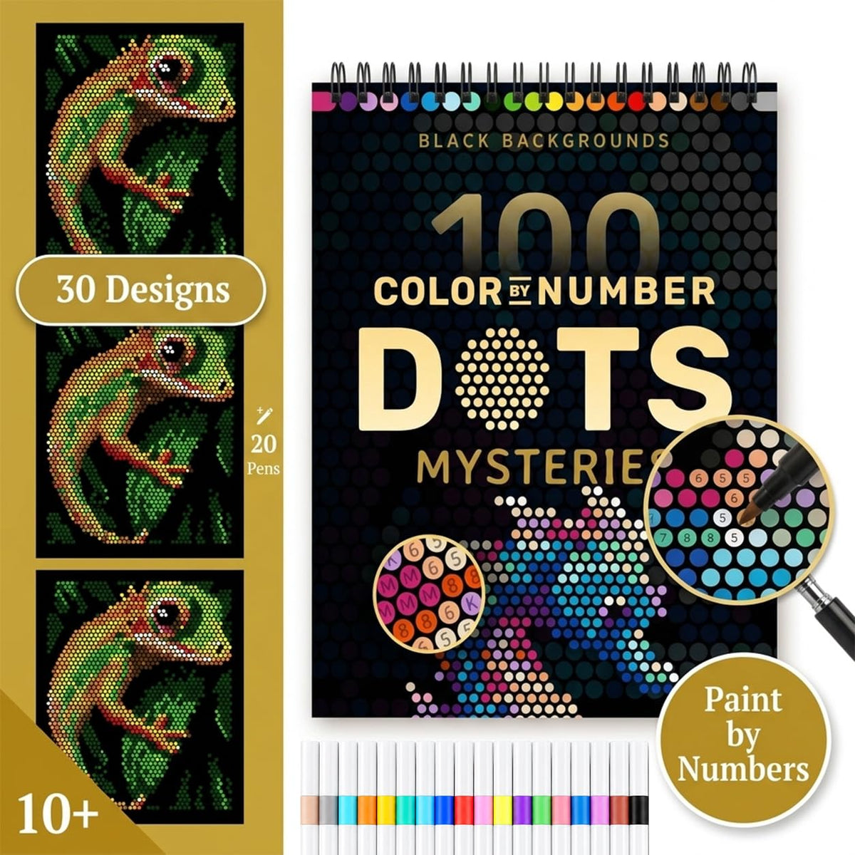 HASTHIP Mystery Color by Number Coloring Book with 100 Patterns and 24 Markers and Ink-Resistant Paper