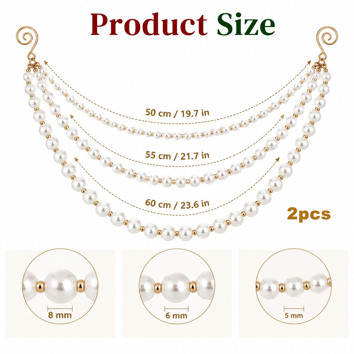 HASTHIP 2-Piece Christmas Pearl Garland, Cascading Faux Bead Chains with Pre-Installed Spiral Hooks