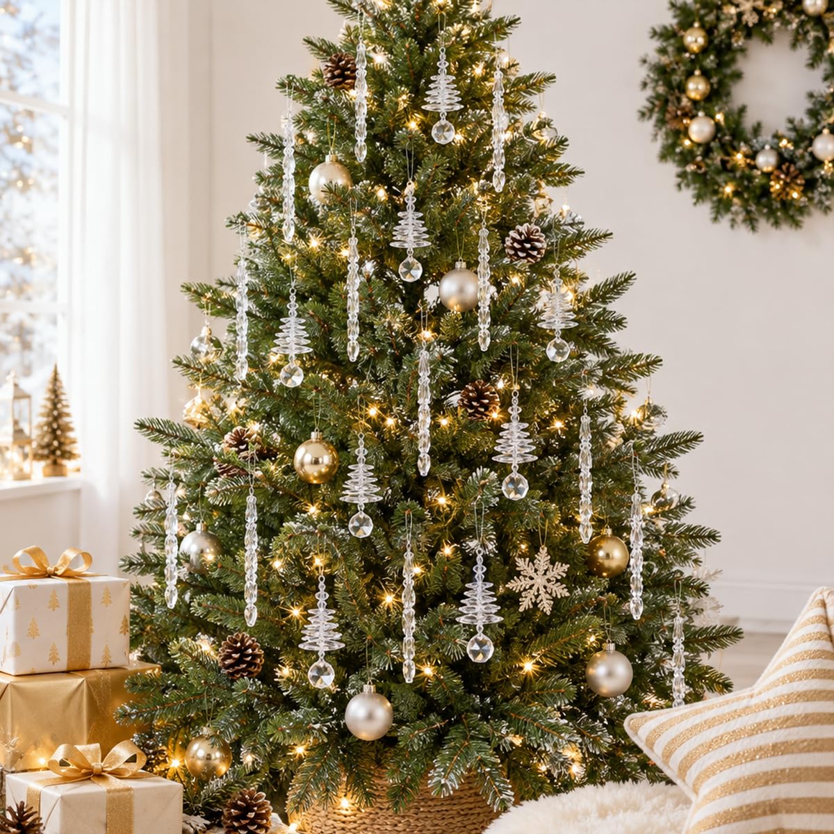 HASTHIP 24-Piece Acrylic Icicle Christmas Tree Ornaments with Three Winter Styles and Lanyards