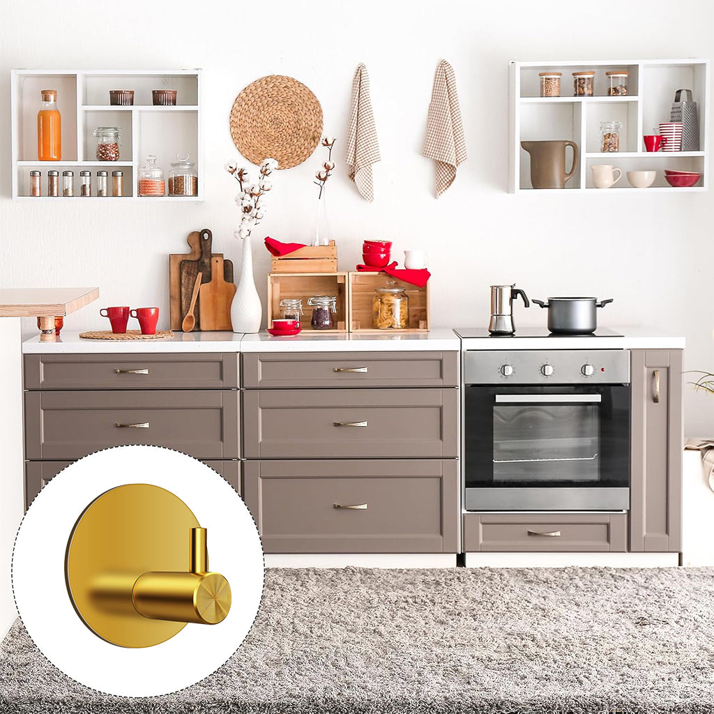 HASTHIP® 4pcs Self Adhesive Wall Hooks, Golden Stainless Steel Utility Hooks, 0.5 Inch Round Rust-Proof Waterproof Hooks for Bathroom, Kitchen, Bedroom, Door Back, Hanging Bags, Hats, Towels & Keys