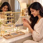 HASTHIP 4-Tier Jewelry Organizer Stand with 48 Earring Holes, 6 Hooks and White Wooden Storage Box