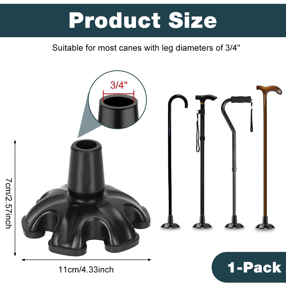 HASTHIP 19mm Inner Dia Rubber Cane Tip with Self-Standing Six-Foot Base for Walking Sticks