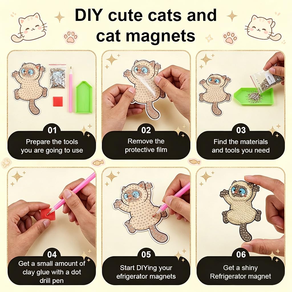 HASTHIP 16PCS Cartoon Kitty Diamond Art Fridge Magnet Kit with Rhinestones for Kids and Adults