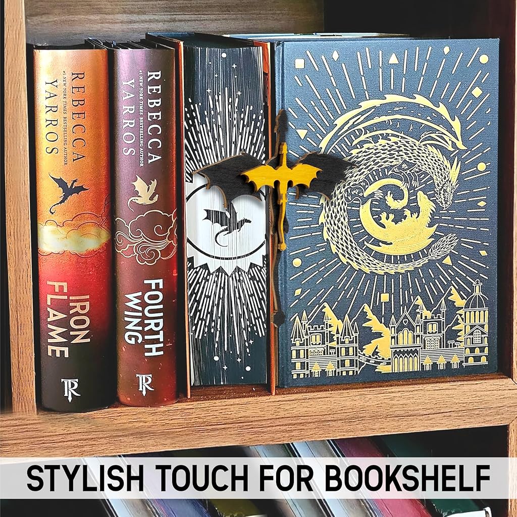 HASTHIP® Fourth Wing Merch Dragon Bookshelf Decor, Handmade Wooden Bookshelf Decorations, Fantasy Fan Book Nook Acotar Trinkets, Cool 4th Wing Bookish Accessories Gifts for Books Lovers