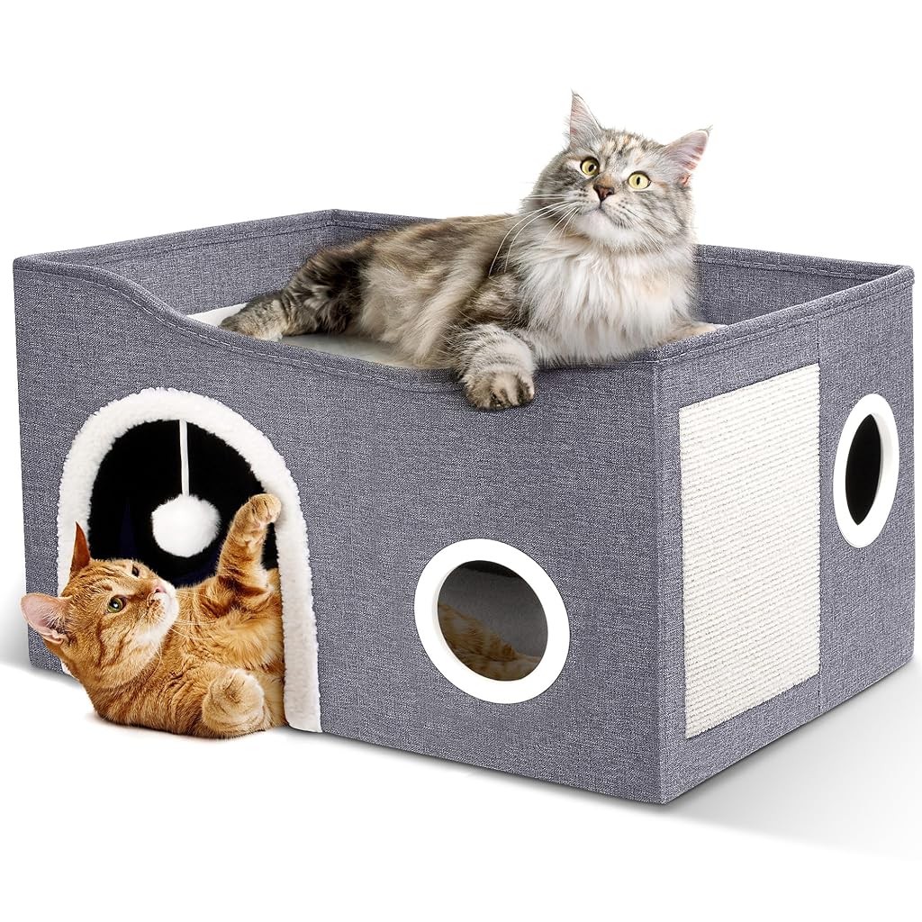 HASTHIP® Foldable Cat House, Cat Bed for Indoor Cats, for Cat Multi Opens Game Tunnel for Cat Double Layer Cat House with Atop Platform & Cat Scratcher Board DIY Assembly Cat House All Season Use