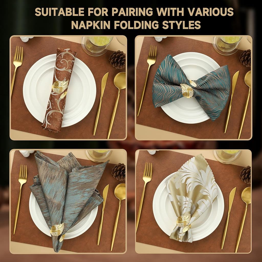 HASTHIP® 12 Pcs Gold Napkin Rings Shiny Metal Napkin Ring Study Leaf Shaped Table Decor for Christmas, Easter, Wedding, Party, Elegant Table Settings Gift Ideas