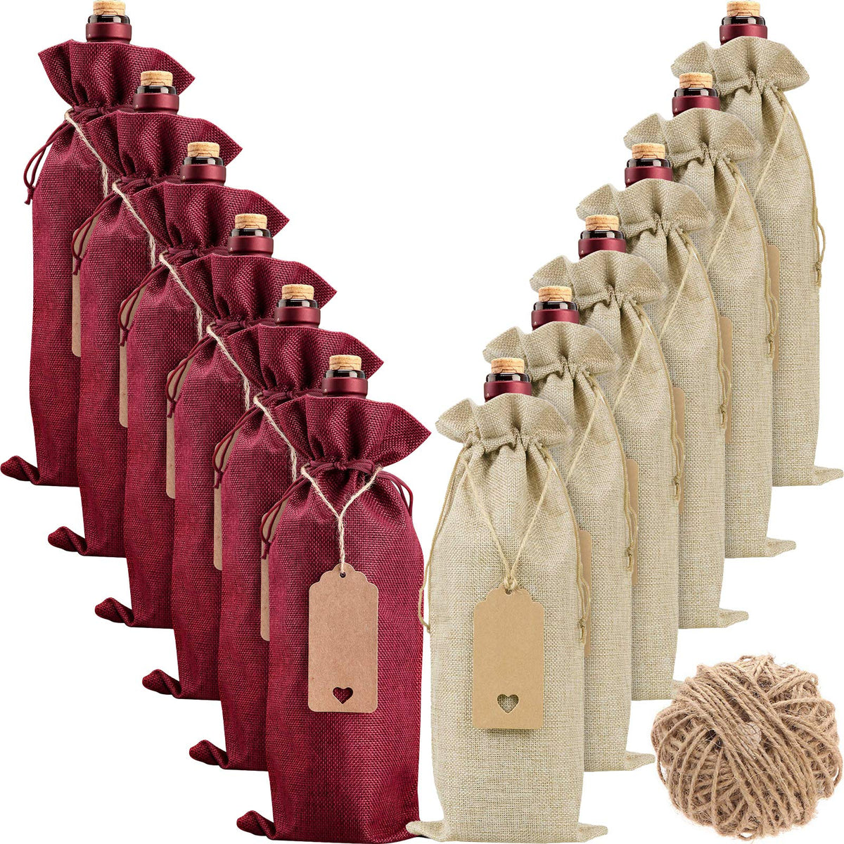 HASTHIP Wine Gift Bags for Birthday and Wedding with Drawstring & Tags | 12 Pcs 5.9 x 13.78 in Burlap