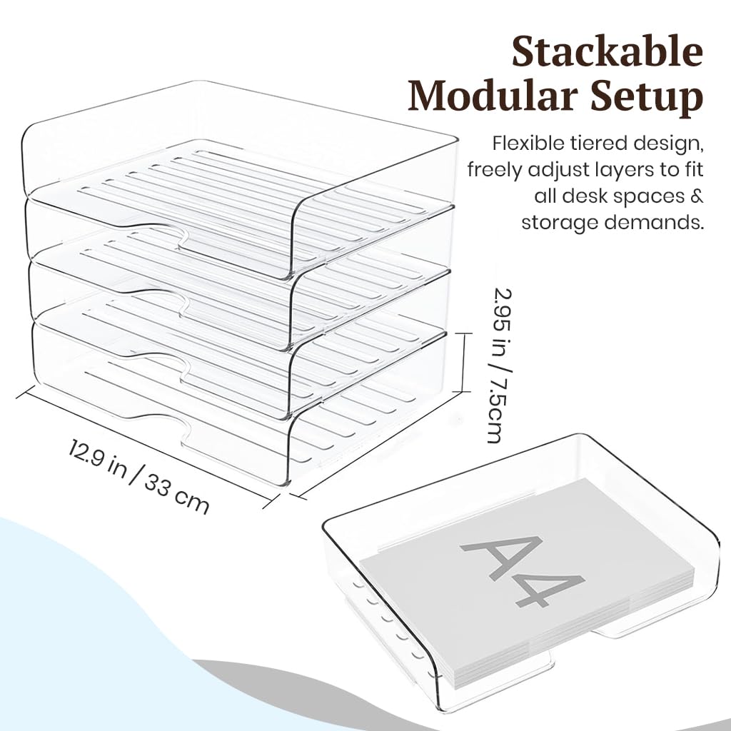 HASTHIP 4 Tier Acrylic Paper Organizer with Stackable Trays and a Wide Front Opening