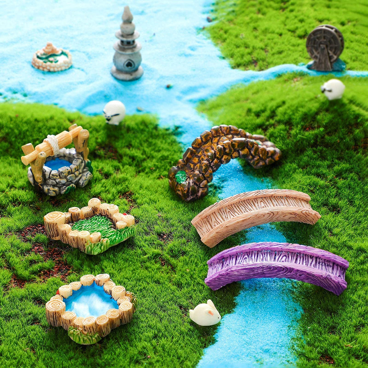HASTHIP Miniature Garden Bridge Figurines for Fairy Decor with Resin Lighthouse and 12 Pieces Set