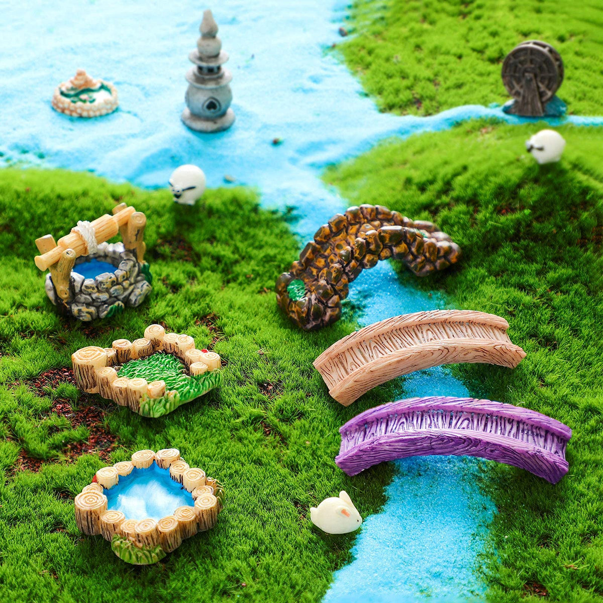HASTHIP Miniature Garden Bridge Figurines for Fairy Garden Decor with 12 Resin Pieces | White Accessories