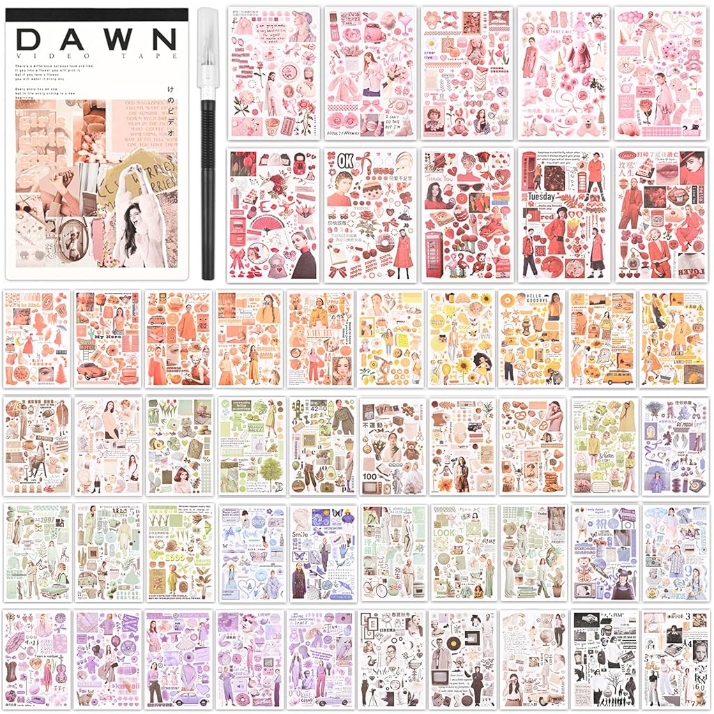 HASTHIP® 50 Sheets Vintage Washi Stickers, Scrapbook Stickers for Junk Journals, Aesthetic Sticker Book for Journaling Supplies, Art Bullet Journals, Scrapbooking and Paper Work, Home Decor