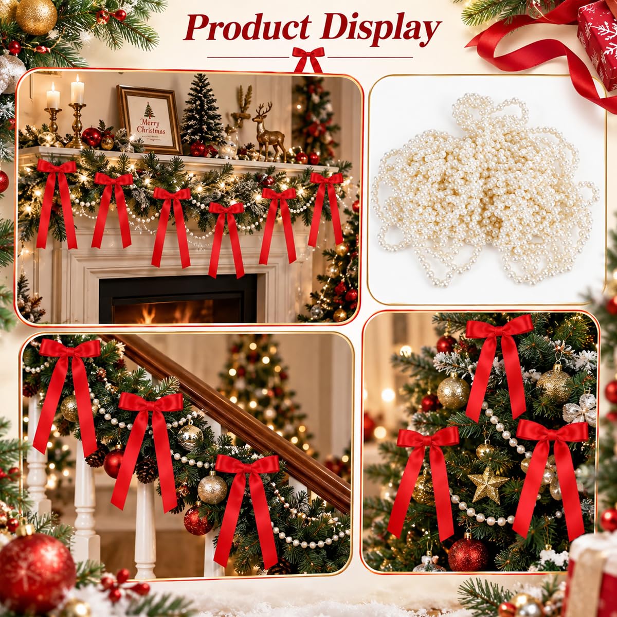 HASTHIP Christmas Tree Bows and Faux Pearl Garland Set, 24 Red Satin Bows, 33ft Strand