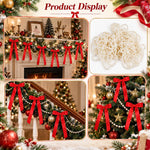 HASTHIP Christmas Tree Bows and Faux Pearl Garland Set, 24 Red Satin Bows, 33ft Strand