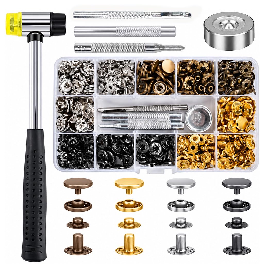 HASTHIP Metal Snap Fastener Kit, 120 Sets of 12.5 mm Snaps in 4 Finishes with Setting Tools and Hammer