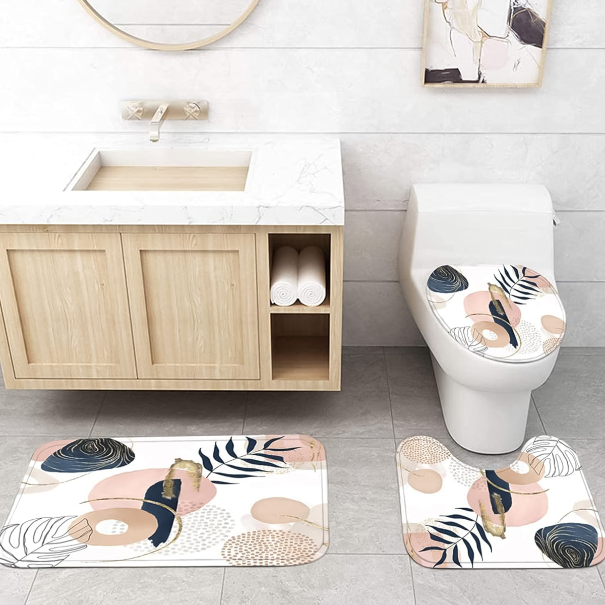 HASTHIP® 4Pcs Bathroom Shower Curtain With Boho Leaf Print - Waterproof Curtain, Toilet Cover, Bathtub & Absorption Foot Mat Combo For Modern Bathroom Décor, Universal Fit, Durable & Stylish Supplies
