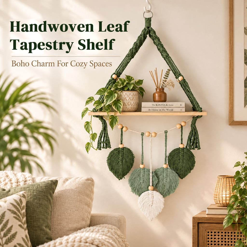 HASTHIP Boho Wall-Mounted Storage Shelf with Green Leaf Weaving, Tassel Trim and Wood Platform