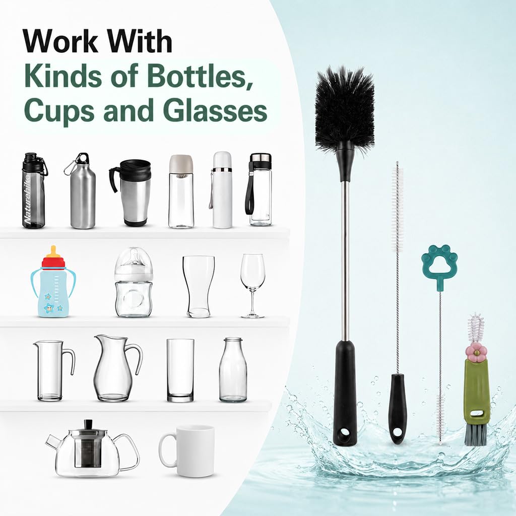 HASTHIP 4 Pack Bottle Brush Set with Long Handle, Straw and Lid Brushes for Drinkware