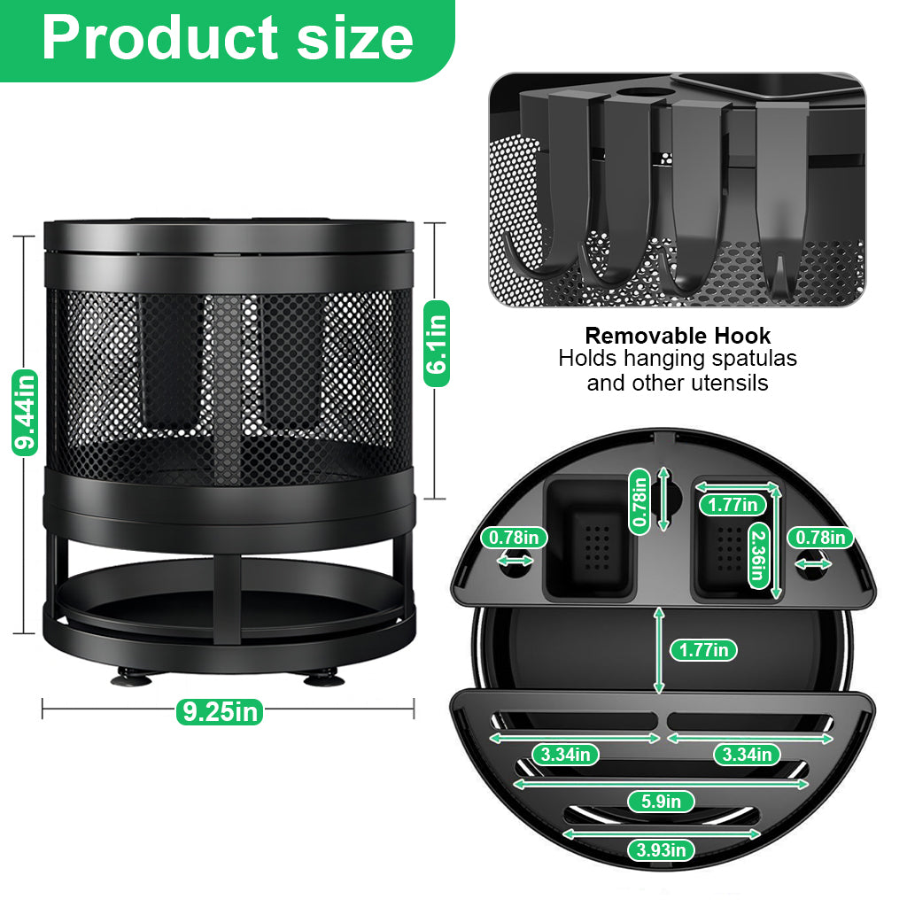 HASTHIP® Kitchen Organizer Rotatable Carbon Steel Multi Compartment Modern Kitchen Utensil Organizer Tableware Draining Rack Cutting Board Rack Cutter Holder Storage Holder with 4 Hooks, 23.5x24cm