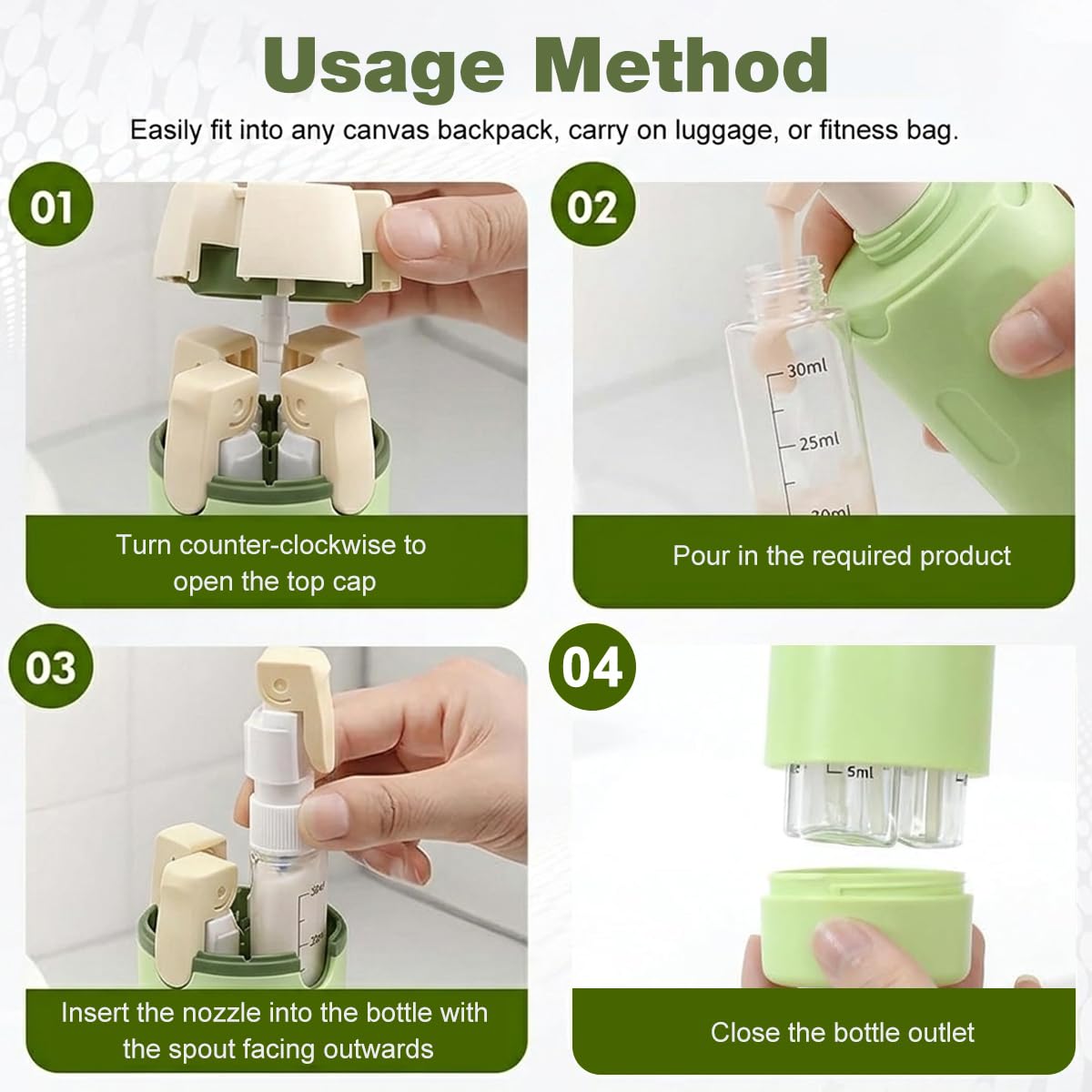 HASTHIP 4-in-1 30ml Travel Toiletry Bottle Set - Green