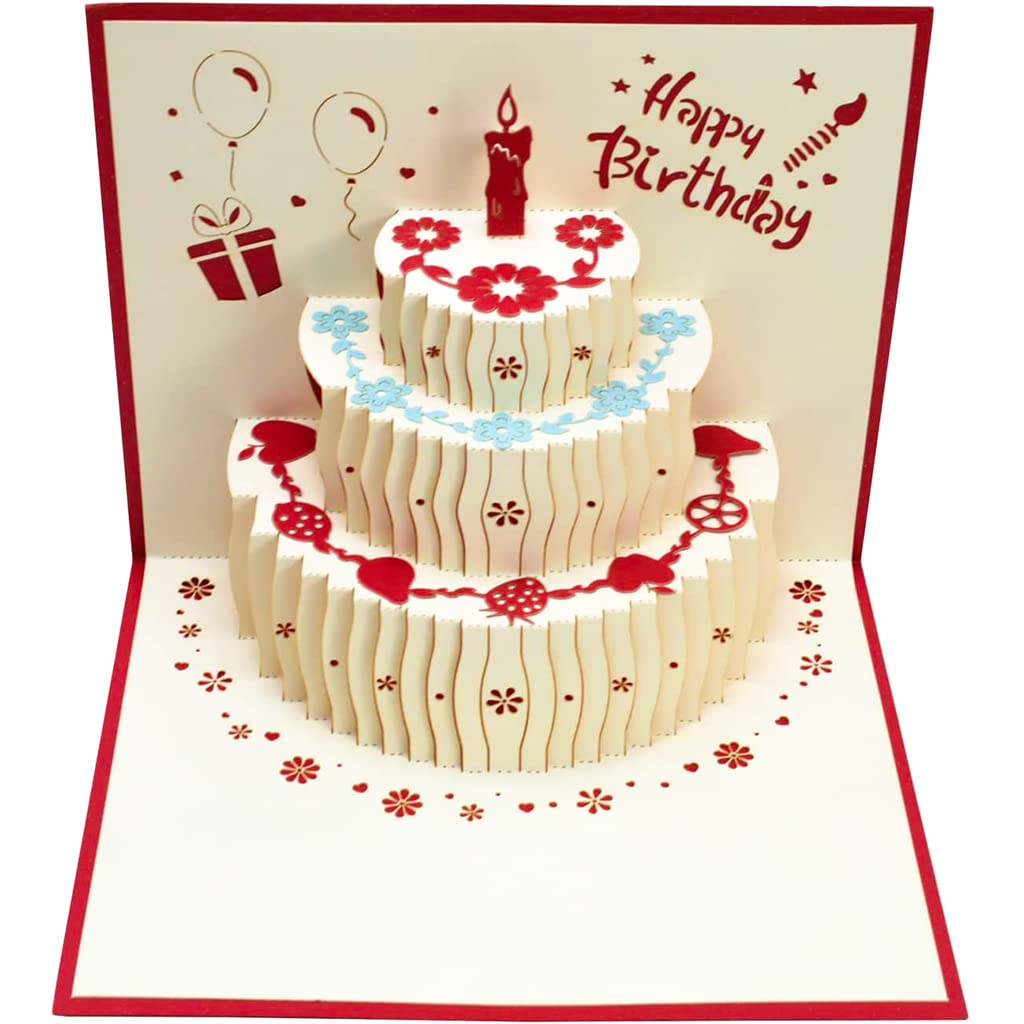 Happy Birthday greeting card in red, cardstock, 3D cake pop-up
