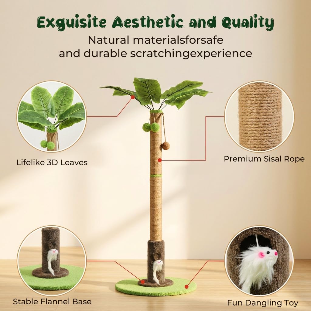 HASTHIP® Cat Scratching Post for Indoor Cats and Kittens, 35.43'' Tall Sisal Rope Palm Tree Scratch Post with Hanging Ball Toy, Sturdy Cat Tower for Exercise and Claw Care, Brown