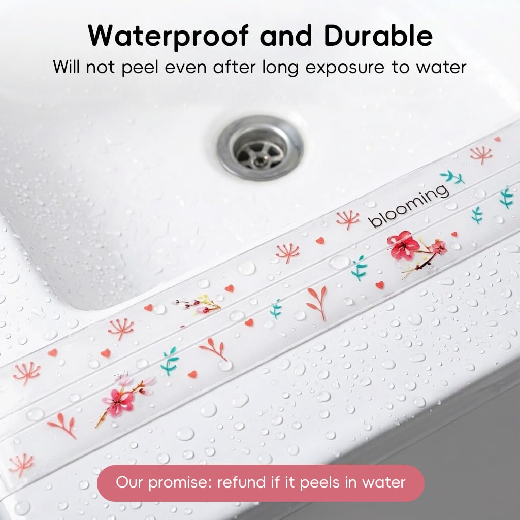HASTHIP 3.2M x5.0CM PVC Trim Tape with Floral Print for Kitchen and Bathroom Corner Sealing