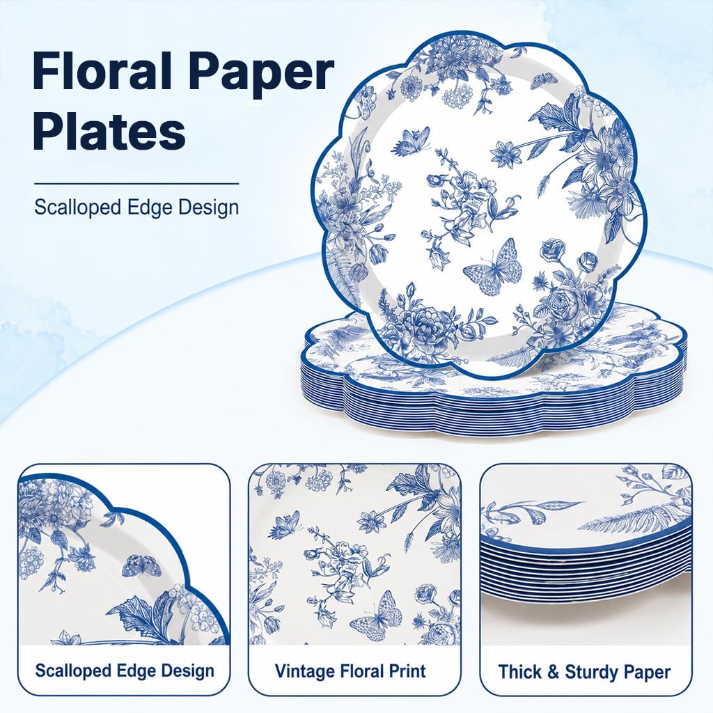 HASTHIP 24 Pack Blue Floral Paper Plates with Scalloped Edges for Parties and Table Decor