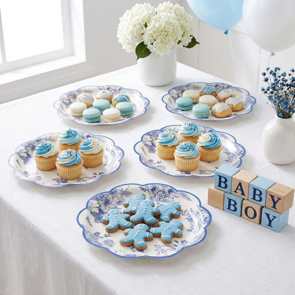 HASTHIP 24 Pack Blue Floral Paper Plates with Scalloped Edges for Parties and Table Decor