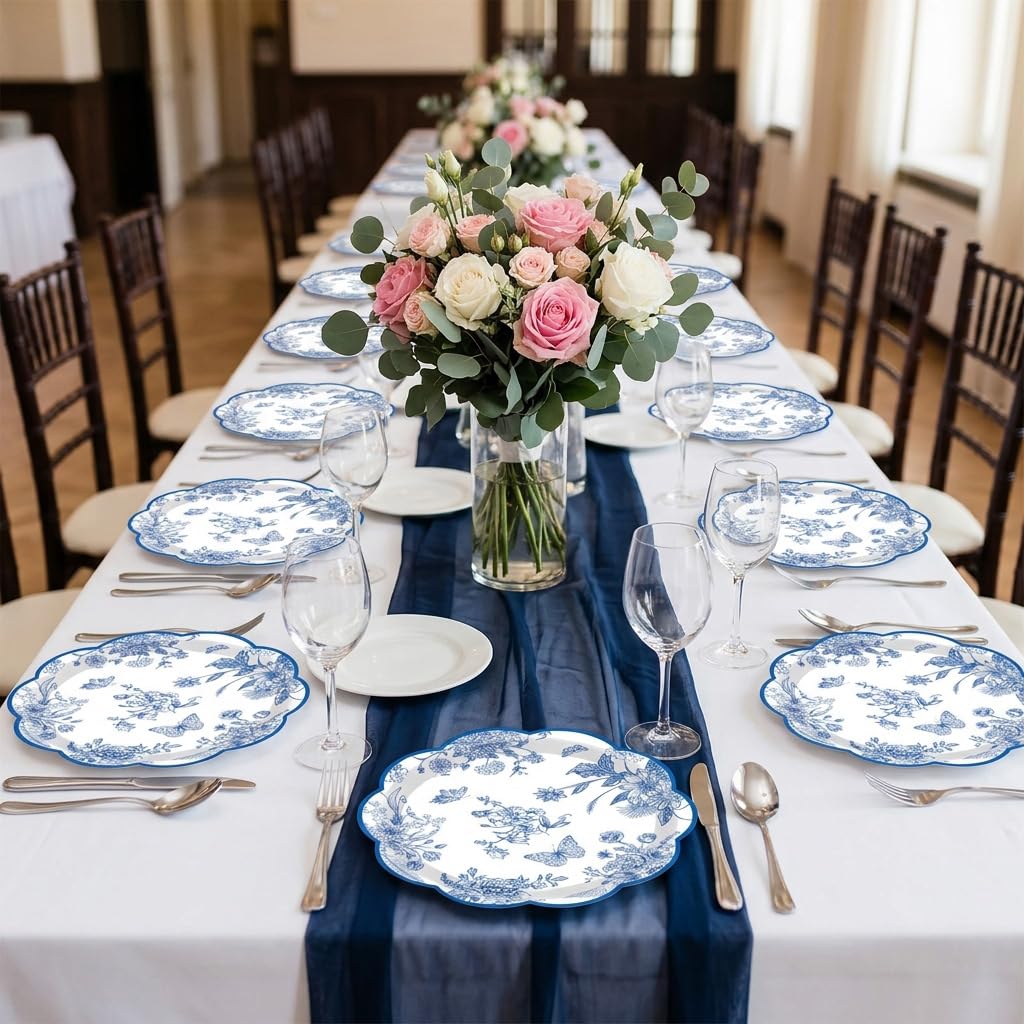 HASTHIP 24 Pack Blue Floral Paper Plates with Scalloped Edges for Parties and Table Decor